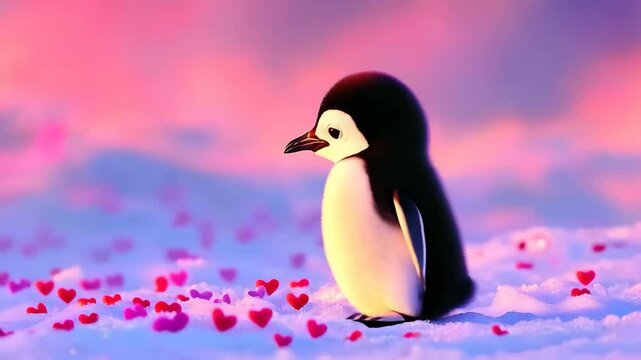 romantic arctic journey Baby penguin on heart snow, baby penguin walking on love hearts, baby penguin with heart snow field. cute penguin valentine, pastel heart field,