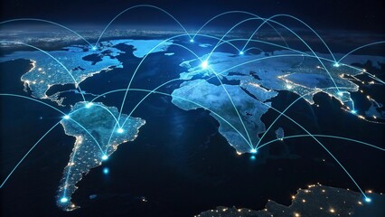World map on a technological background, glowing lines symbols of the Internet, world map newtwork.