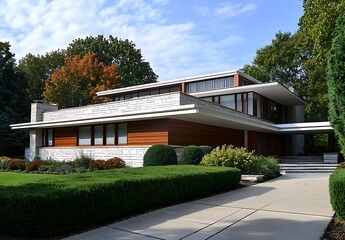 Modern Architecture with Wood Paneling, Stone Facade, Landscaping, and Clear Sky