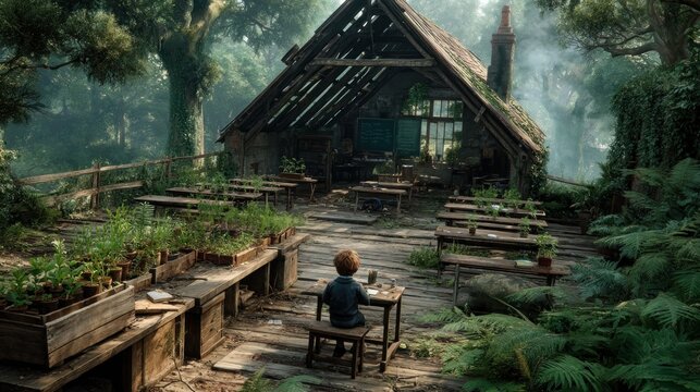 Child in rustic outdoor classroom