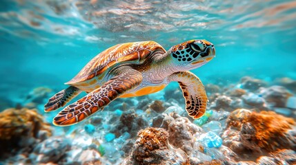 Sea turtle swims amidst coral reef and plastic debris
