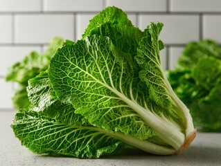 Fresh, vibrant green Napa cabbage on a kitchen counter.  Healthy and delicious!