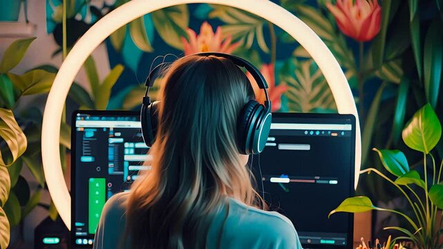 Woman with headphones working at a computer in a cozy room with plants and a ring light against a floral wallpaper background