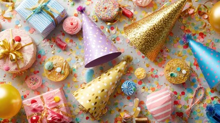 Colorful party supplies scattered on a surface