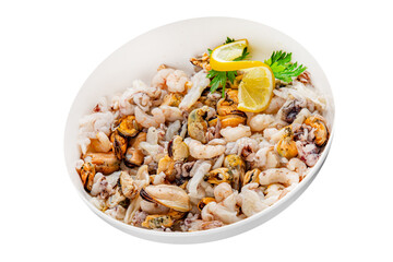 Seafood bowl shrimp, prawn, rapan, squid dish fresh gourmet food background on the table rustic food top view copy space keto  paleo diet vegetarian pescetarian diet