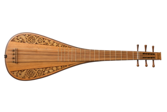 PNG Decorative wooden lute with intricate carvings on black background