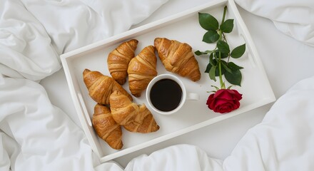 Top-down of breakfast in bed: croissants, coffee, and a single red rose on a white tray, shot with 24mm lens, high key lighting.
