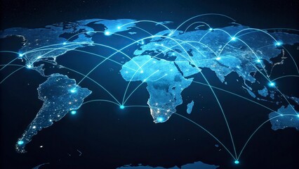 World map on a technological background, glowing lines symbols of the Internet, world map newtwork.