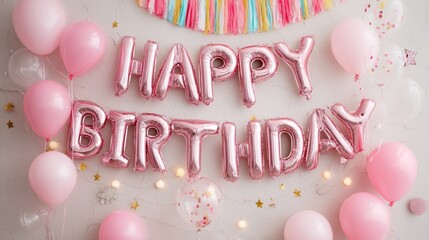 Festive birthday party decorations with balloons, streamers, and confetti