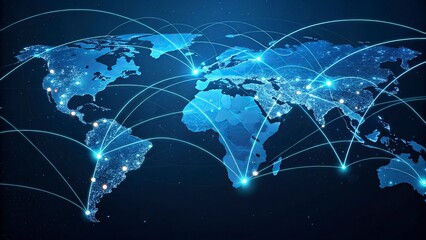 World map on a technological background, glowing lines symbols of the Internet, world map newtwork.