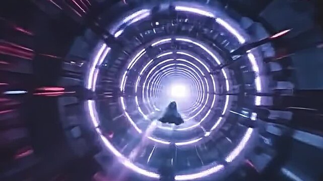 navigating a pink particle beam tunnel at breakneck speed, swirling energy flows wrapping around the shuttle, intricate digital interfaces flickering inside the cockpit