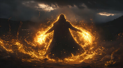 Mysterious figure shrouded in fiery aura amidst dark landscape