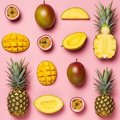 Vibrant Tropical Fruit Flat Lay on Pink Background