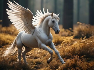 Obraz premium Majestic White Pegasus Horse with Wings Running Through Golden Forest