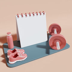 pink style fitness and workout schedule with dumbbell and shoes 3D render