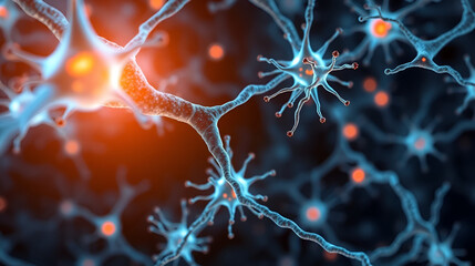 3d rendering of neuron cells with glowing in human brain