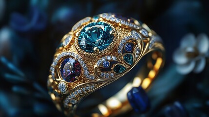Fototapeta premium Ornate Gold Ring: Multicolored Gemstones, Luxurious Design