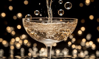 Effervescent bubbles overflowing champagne coupe glass