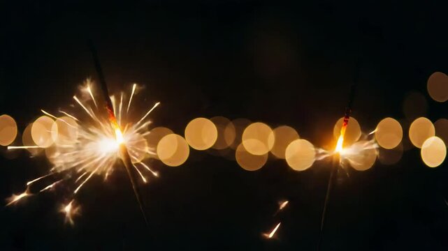 Sparklers glowing brightly against a dark background with blurred golden bokeh lights behind them