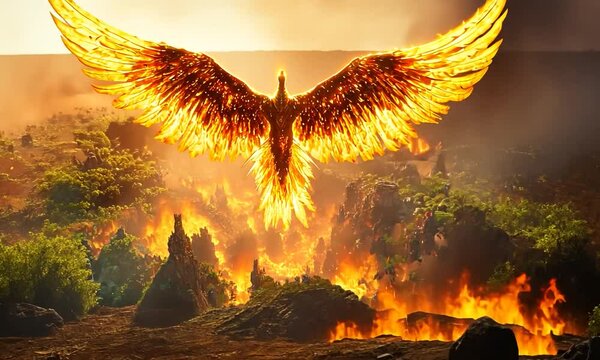 Majestic phoenix rising from fiery landscape, symbolizing rebirth amidst destruction