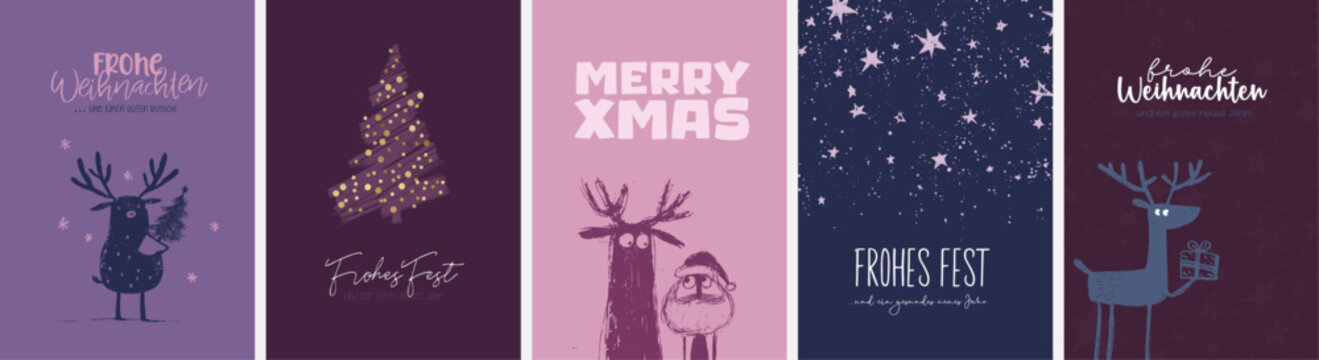 5 moderne und niedliche Weihnachtskarten Motive (Din Format) "Frohes Fest", "Frohe Weihnachten", "Merry Christmas". Sch&ouml;ne Typo, Font & Symbol komplett als Pfade