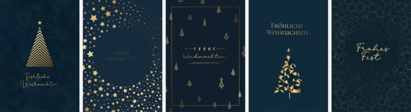 5 moderne und festliche Weihnachtskarten Motive (Din Format) "Frohes Fest", "Frohe Weihnachten", "Merry Christmas". Sch&ouml;ne Typo, Font & Symbol komplett als Pfade