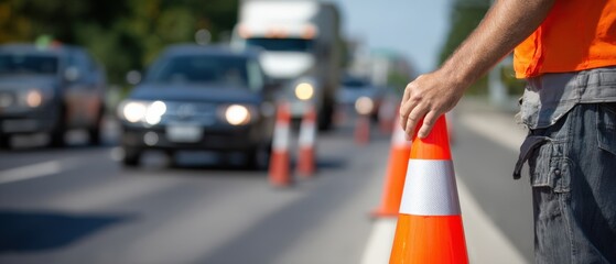 Fototapeta premium Caucasian adult man holding traffic cone on the road during daytime Concept of road work, construction, safety, and traffic management