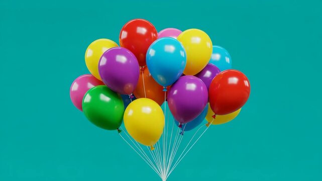 A bunch of colorful balloons floating against a solid teal background in a studio shot
