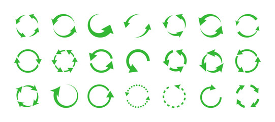 Rotating arrows green icon set. Update, replay, repeat, reload, reset symbol. Circle arrow sign. Vector design element for an interface, app, project, logo. Isolated on a white background.