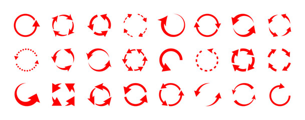 Rotating arrows red icon set. Update, replay, repeat, reload, reset symbol. Circle arrow sign. Vector design element for an interface, app, project, logo. Isolated on a white background.