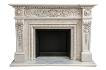 PNG Ornate white marble fireplace with intricate carvings and classical design