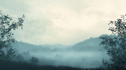 Naklejka premium Misty mountain landscape with tranquil silhouette trees.