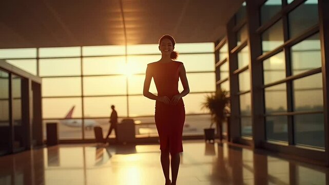 Businesswoman walking through airport terminal at sunrise  
