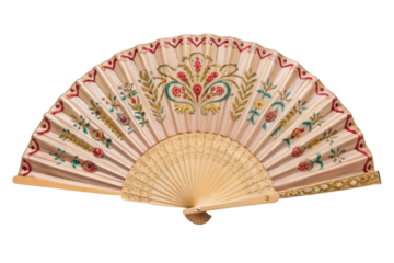 PNG Ornate handheld fan with floral embroidery on pleated fabric