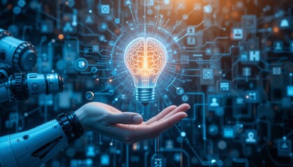 AI, Machine learning, Hands of robot and human touch on big data network, Brain data creative in light bulb, Science and artificial intelligence technology, innovation for futuristic.