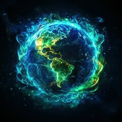 Vibrant depiction of Earth surrounded by luminous energy swirling in space
