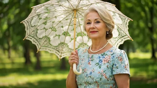 Elegant woman with lace parasol in park setting posing for a portrait on a sunny day outdoors