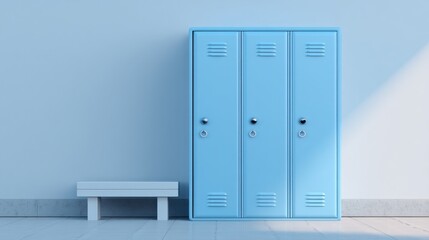 Fototapeta premium Light blue locker room with bench