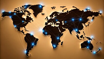 World map on a technological background, glowing lines symbols of the Internet, world map newtwork.