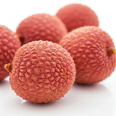 Several fresh, glossy lychees, isolated on a clean white surface, soft, diffused lighting, white background