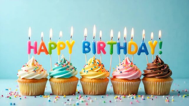 Row of cupcakes with happy birthday candles on a light blue background with sprinkles around