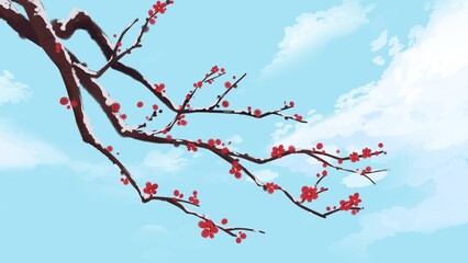Light Blue and Red Illustrated Tree and Sky Desktop Wallpaper - 1