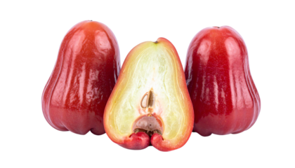 Three wax apples close-up, halved (white-yellow flesh/seeds), two whole (bright red/glossy), white background or png.