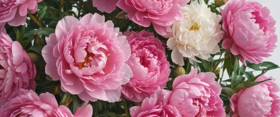 Obraz premium A vibrant bunch of pink peonies & roses, isolated on white, perfect for design , image, photography, macro