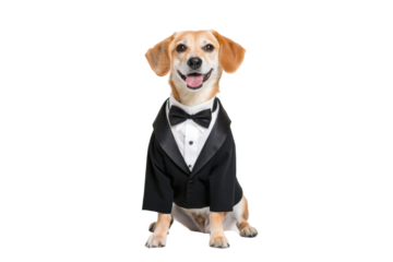 PNG Cute dog wearing a tuxedo with bowtie on black background