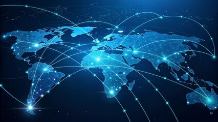 World map on a technological background, glowing lines symbols of the Internet, world map newtwork.