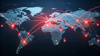 World map on a technological background, glowing lines symbols of the Internet, world map newtwork.