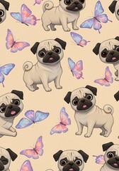 Adorable Pugs & Pastel Butterflies: Charming Seamless Pattern