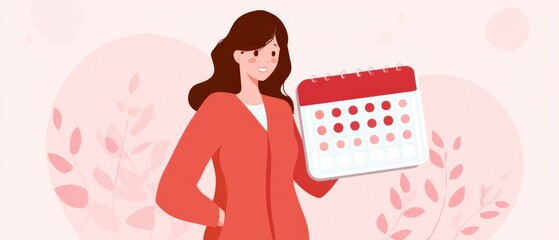 Smiling adult woman holding calendar marking period days, tracking menstrual cycle for fertility, health, and planning