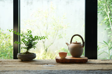 old teapot and earthenware tea cup and plant pot with home gardening view